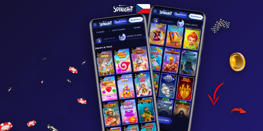 Tři smartphony se Spinight aplikací zobrazující sloty, sportovní sázky a živé kasino
