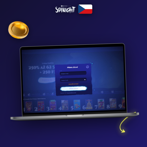 Spinight registrace – notebook s formulářem a ikonou bezpečného ověření účtu